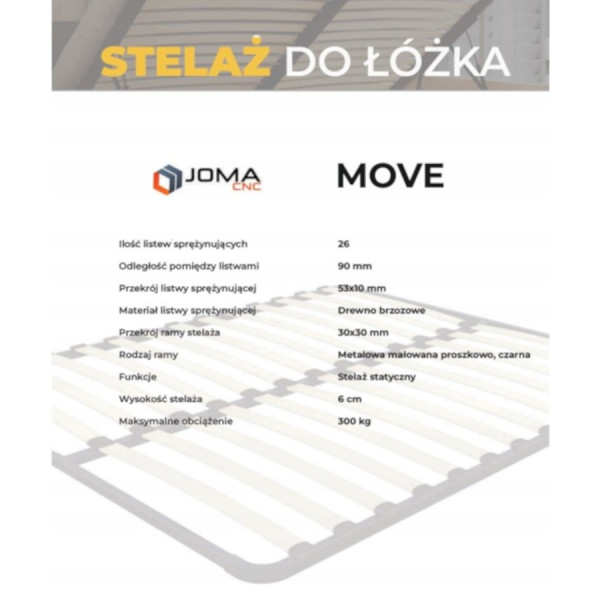 Metalowy stelaż statyczny do łóżka 200x160 MOVE 26 listew brzozowych 300 kg