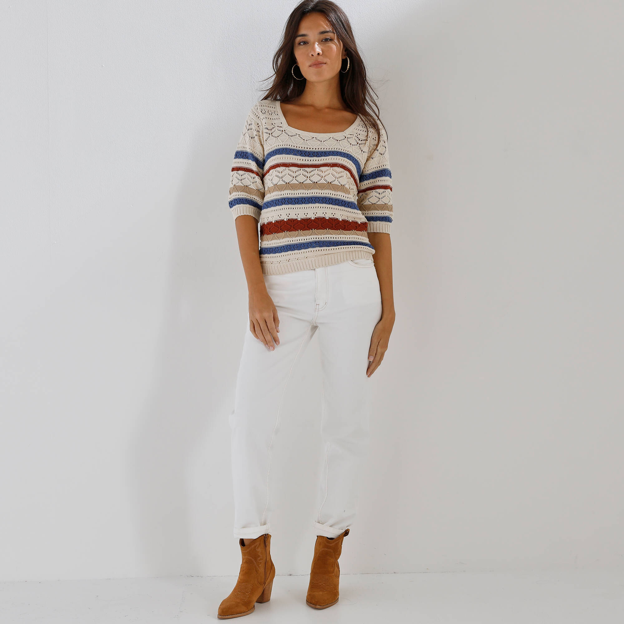Pull col carré rayé, maille ajourée