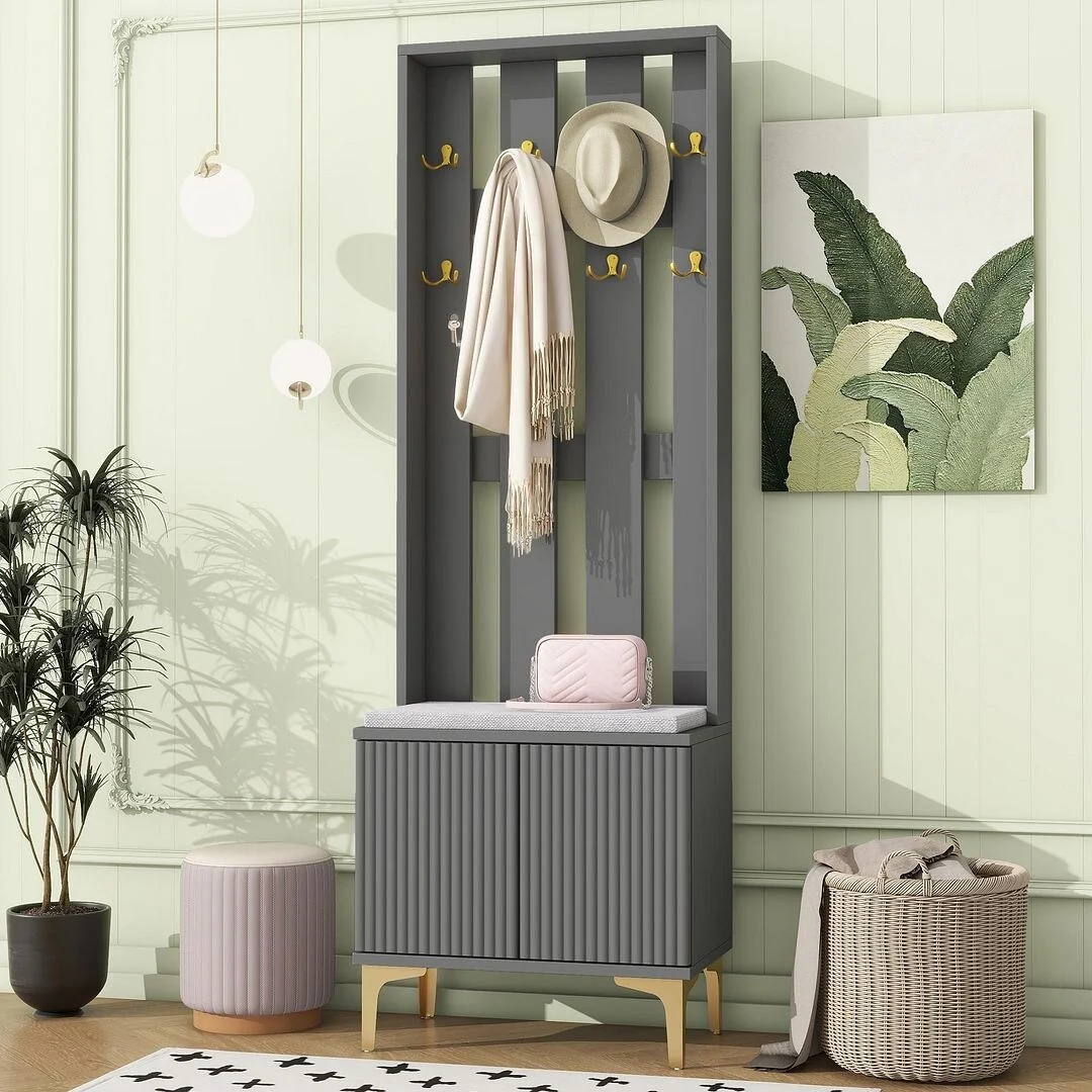 Entrance Hall Tree Bench with Recessed Cabinet Doors Gold Hooked Cushions