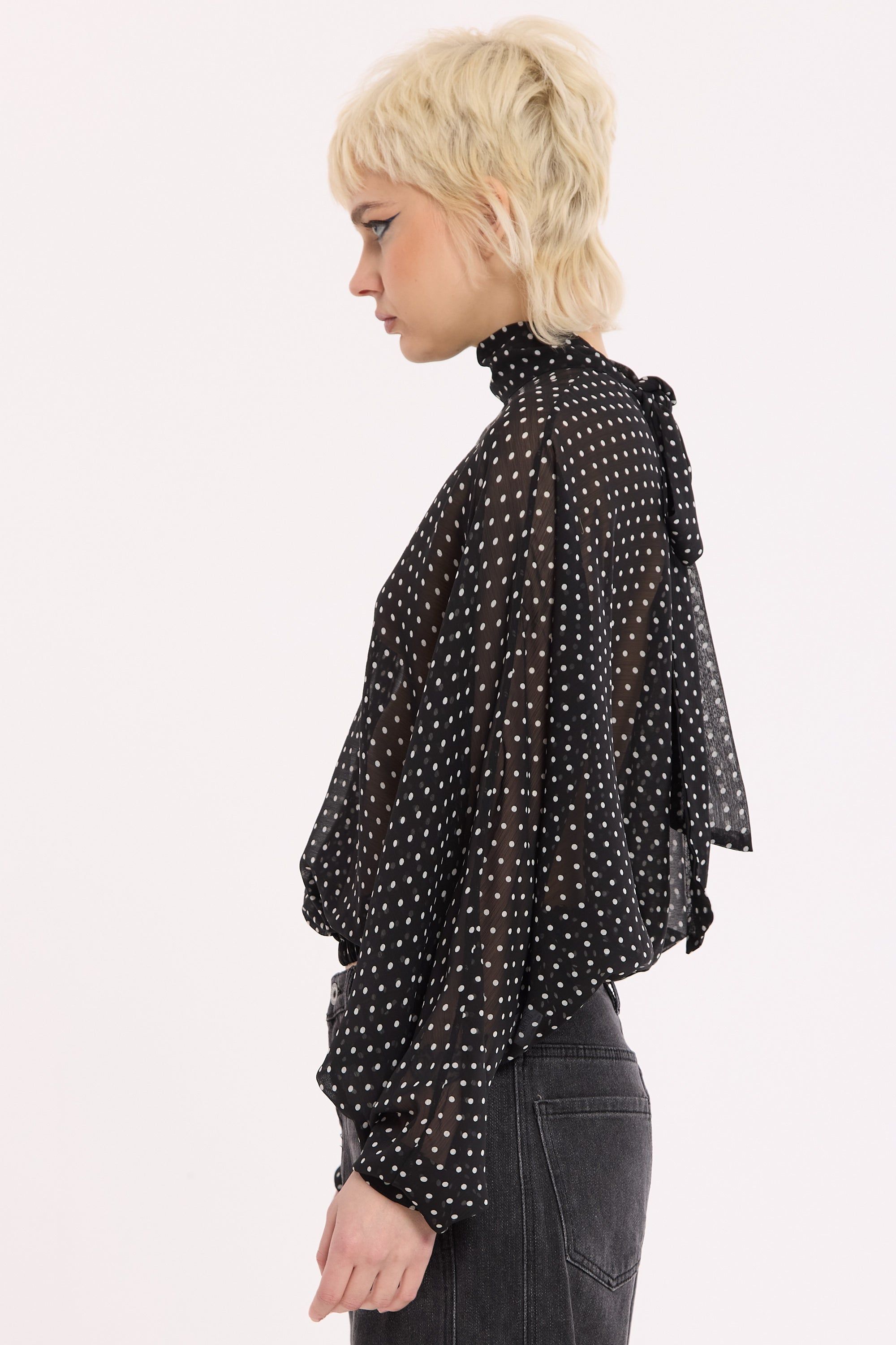 House of Holland Black Sheer Polka Dot Tie-Back Blouse