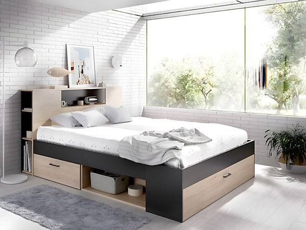 Lit avec tête de lit rangements et tiroir - 90 x 190 cm - Blanc - LEANDRE