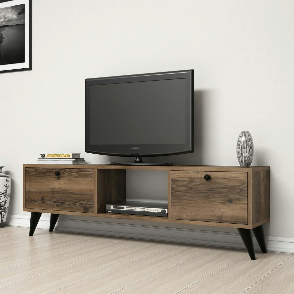 Meuble TV vintage décor bois foncé 2 portes 1 niche UMEA