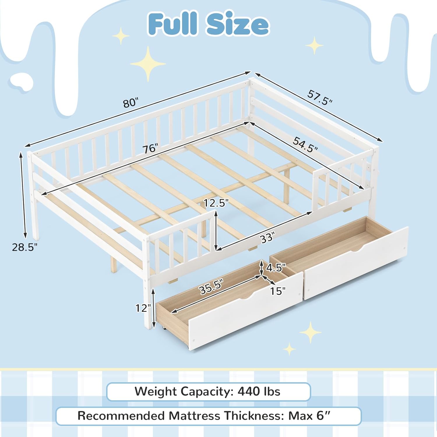 Giantex Full Kids Bed with Storage Drawers, Wood Montessori Bed with Rails & Side Shelf, Low Daybed Bed Frame for Boys Girls, No Box Spring Needed (White)