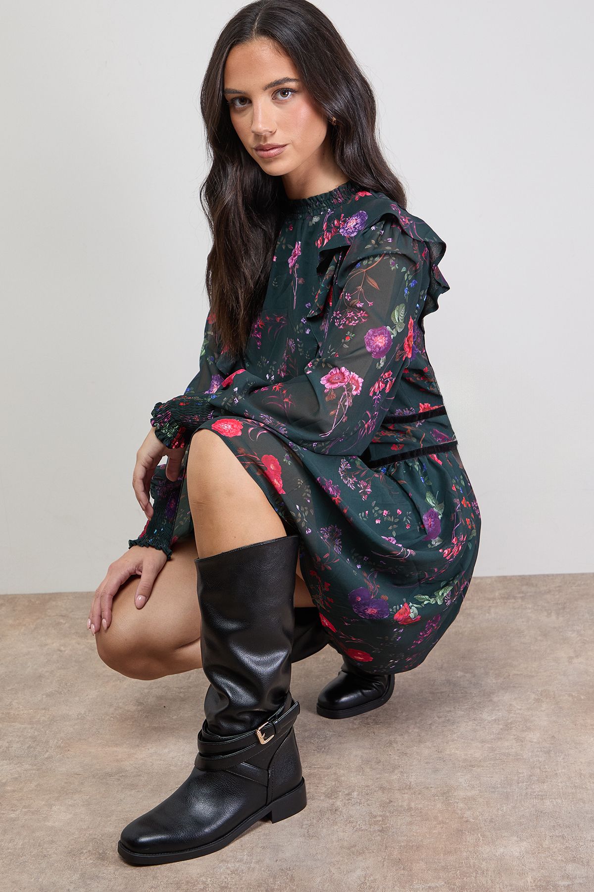 Oasis Ava Faux Leather Grain Mid-Calf Buckle Boots