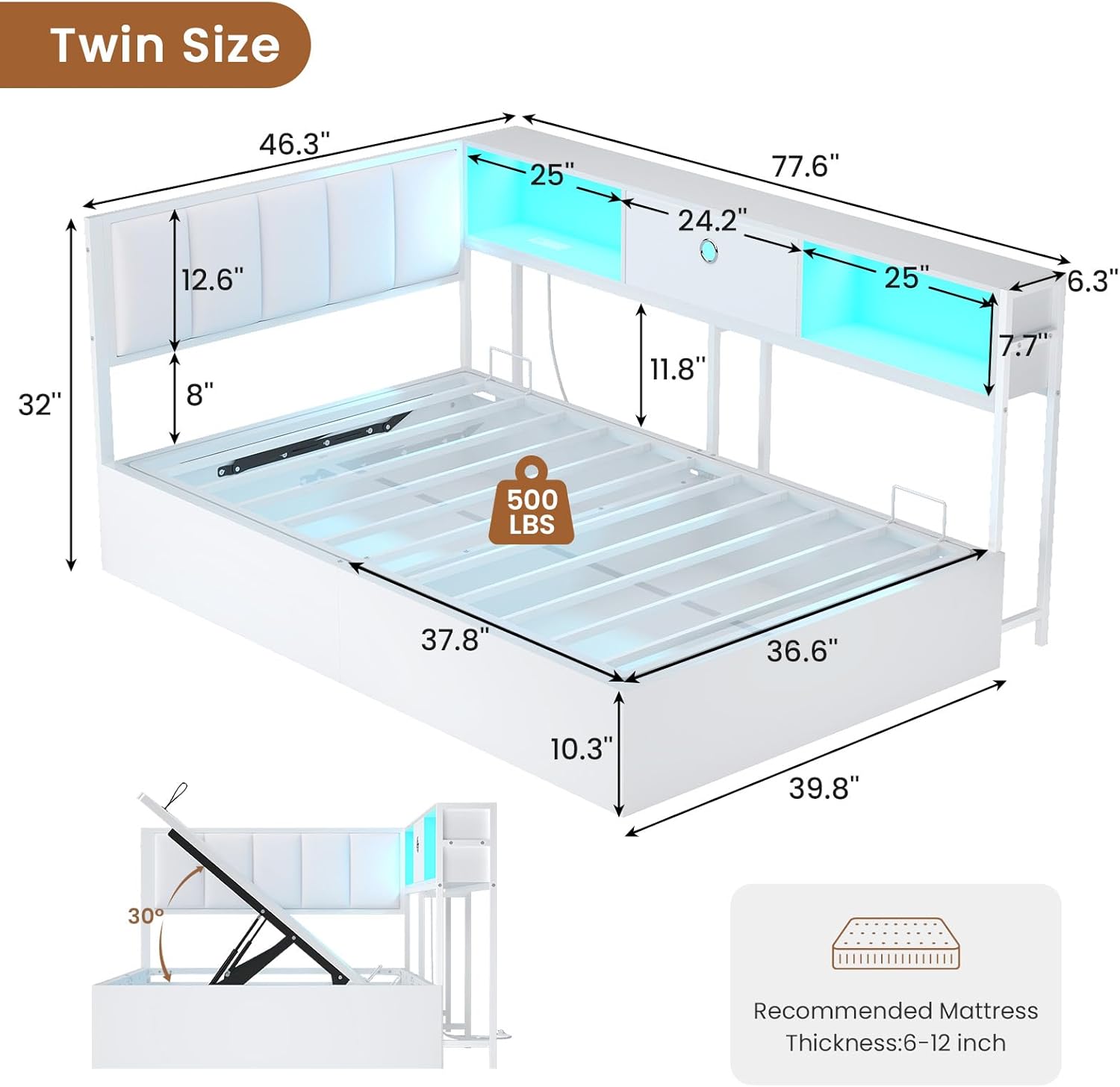 Hasuit Corner Twin Lift Up Storage Bed Frame with Charging Station & LED Lights, Twin Day Bed with Upholstered Headboard and Bookcase, Corner Beds with Hydraulic for Kids Teens Guests, White
