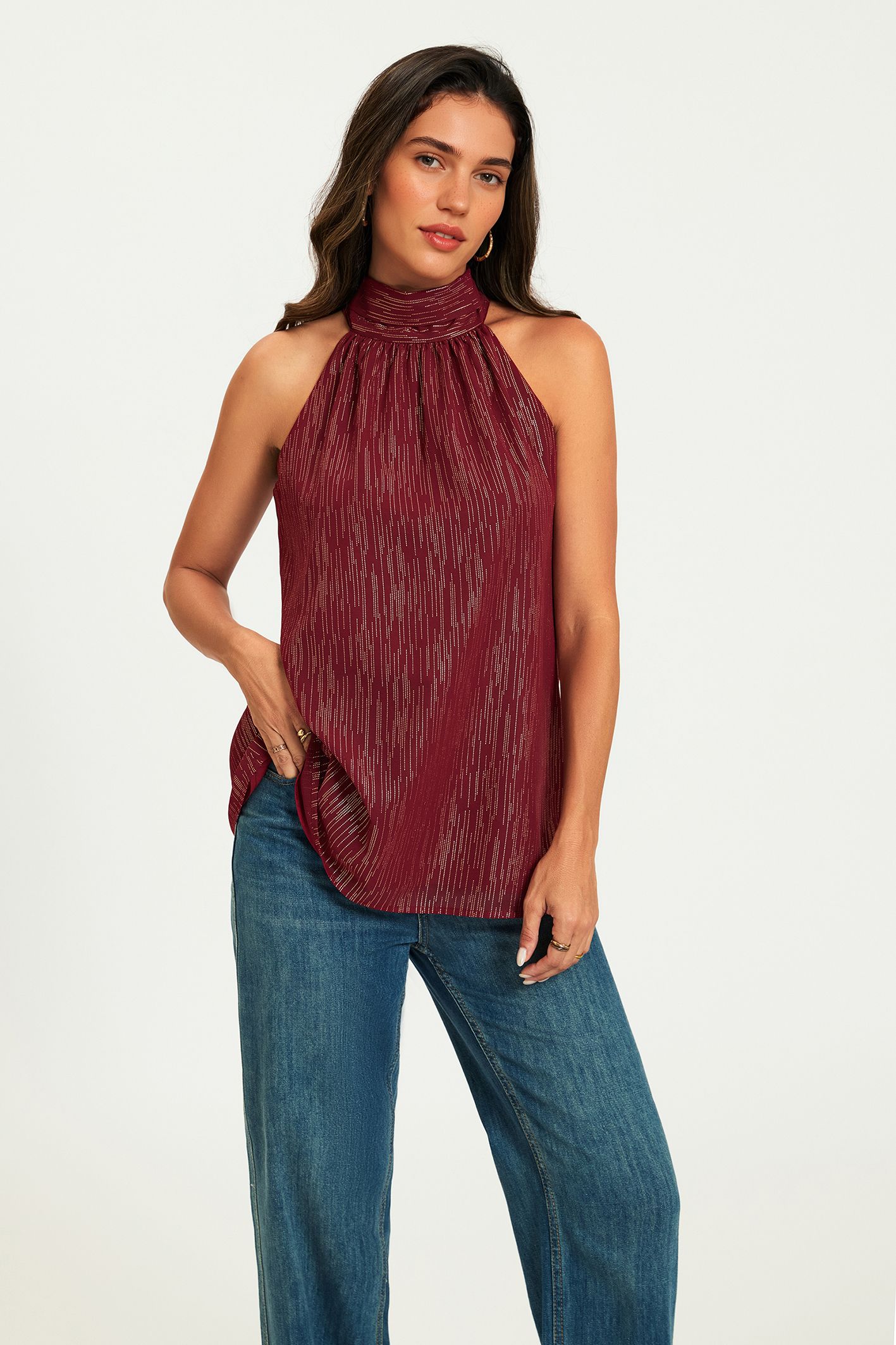 FS Collection Gold Stripe Foil Halter Neck Tie Back Top In Wine