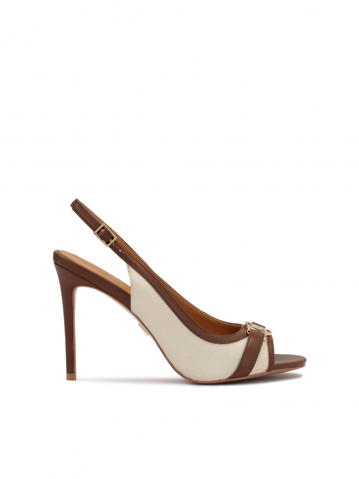 Brown and beige leather and fabric sandals