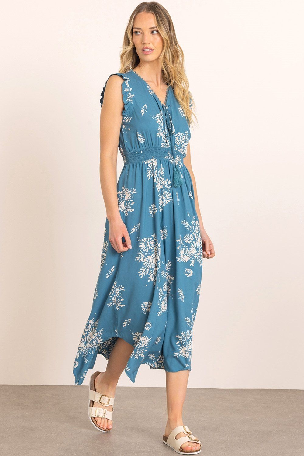 Klass. Printed Smocked Waist Dipped Hem Maxi Dress