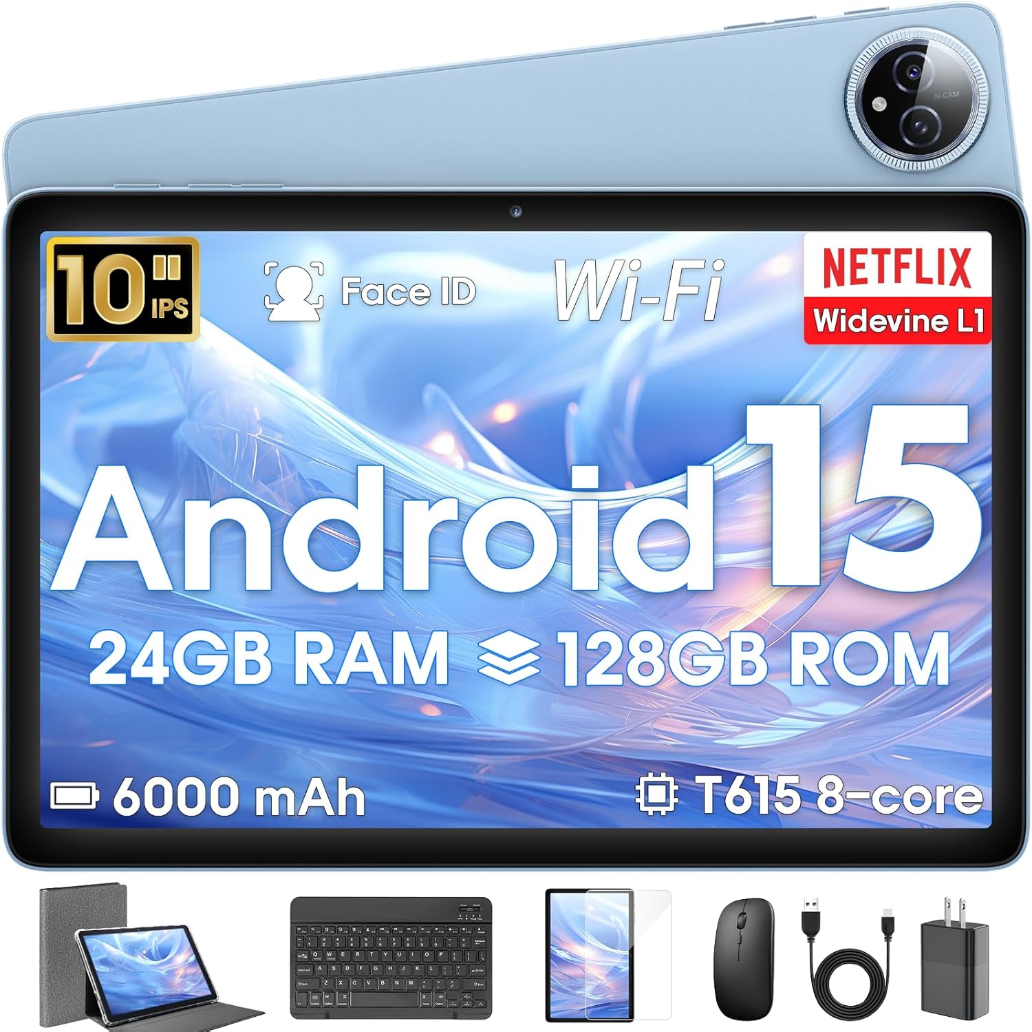 Android 15 Tablet 10 inch, 24GB RAM 128 ROM, Tablets with Keyboard Case Mouse Stylus, 1TB Expandable, Octa-Core 6000mAh 1280x800 IPS HD, WiFi, T615 CPU, High Performance, Processor, Dual Camera (Blue)