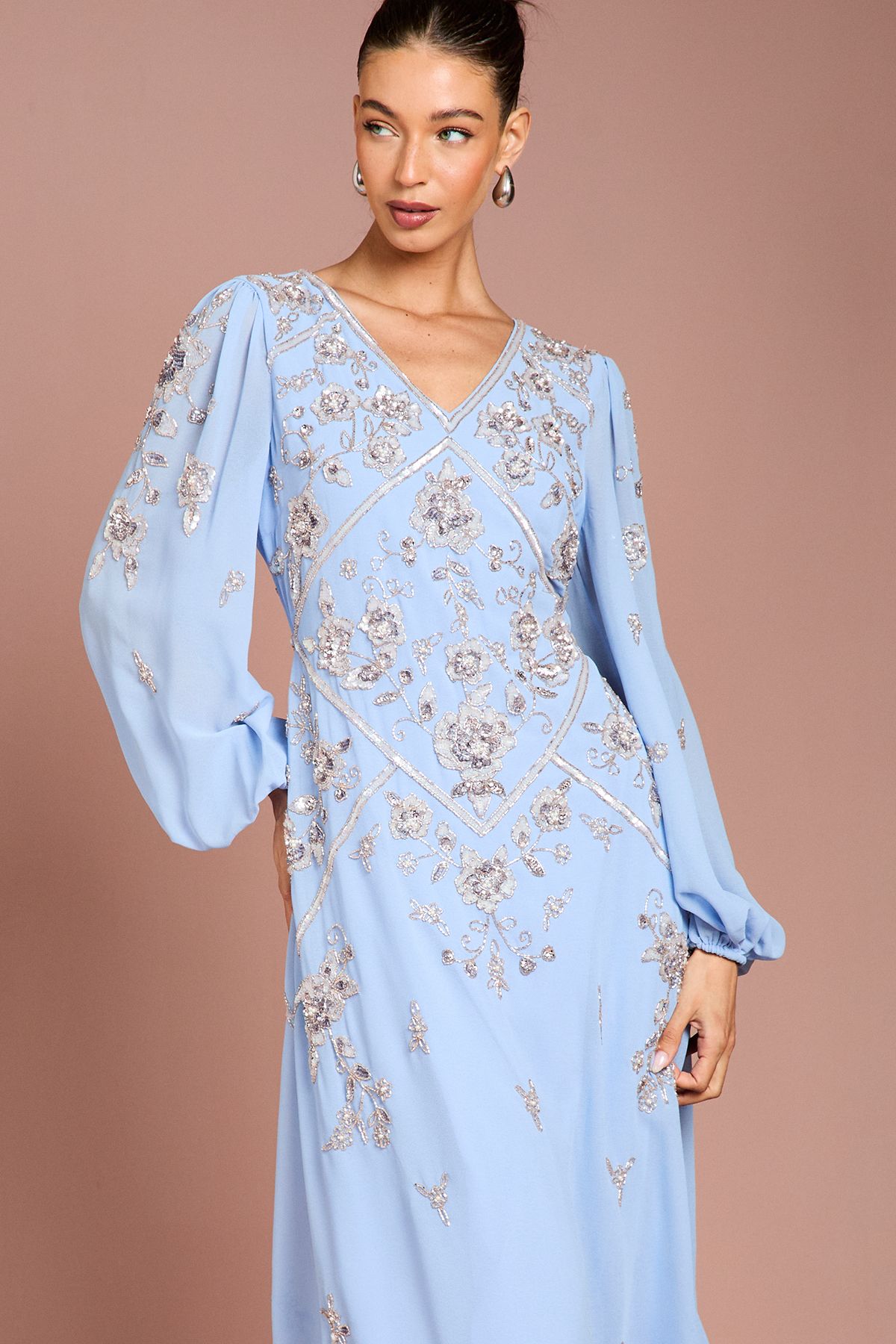 Coast Long Sleeve Embellished Georgette Midi Dress