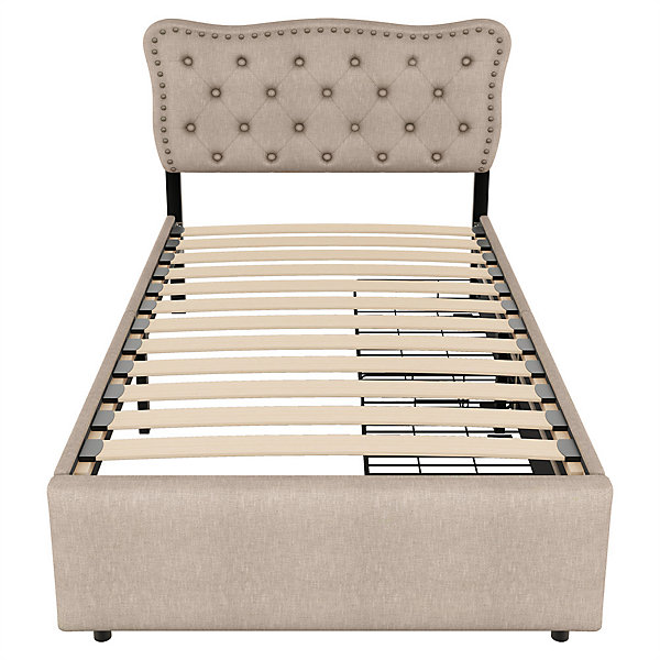 Lit adulte lit 90x200 cm lit plat lit rembourré Single tiroirs doubles lin beige foncé