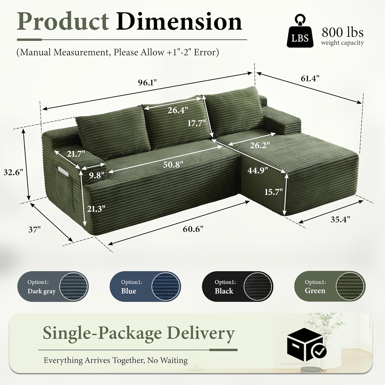 96 Sectional Couches for Living Room Cloud Couch Sofa with L-Shape Upholstered Boneless Couchs Modern Modular Sectional Couch with Chaise (Green, 96 W+Right Facing Chaise+2Seaters)