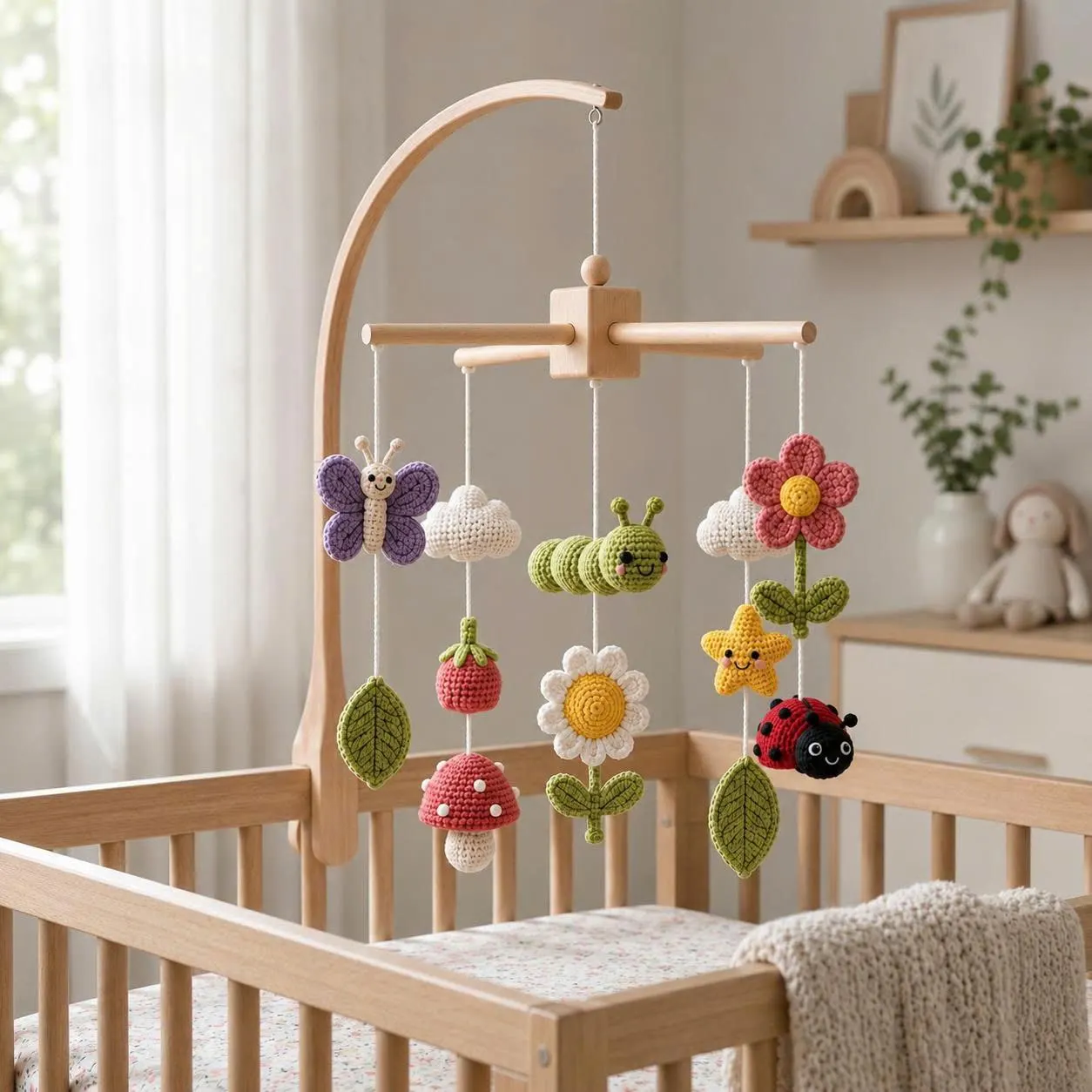 Crochet Baby Mobile, Garden Crib Mobile, Handmade Nursery Mobile with Butterfly Flower Ladybug, Baby Shower Gift, Floral Nursery Decor