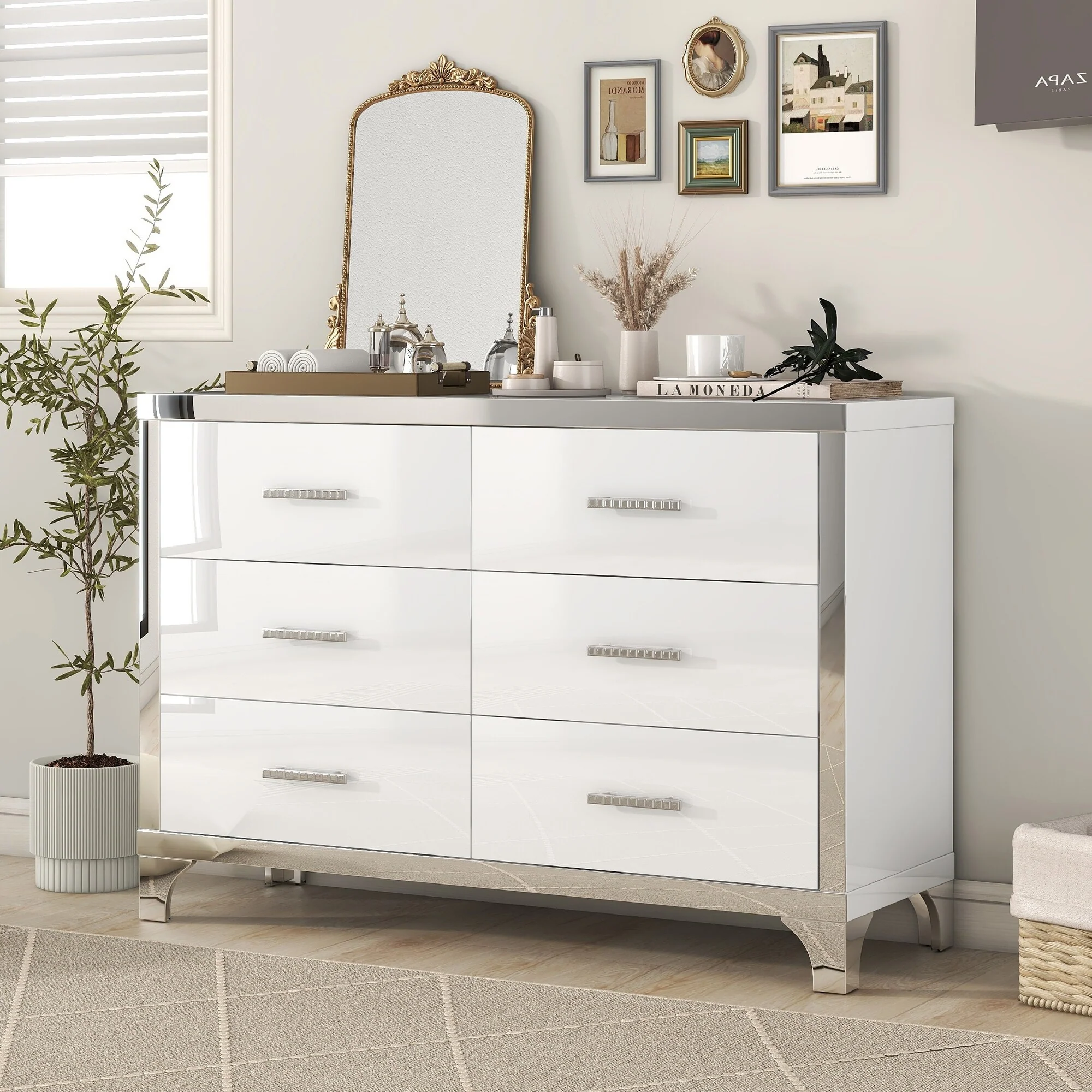 6 Drawer Bedroom Dresser, Multi-functiona Wooden Storage Cabinet, High Gloss Mirrored Closet Chests with Metal Handle
