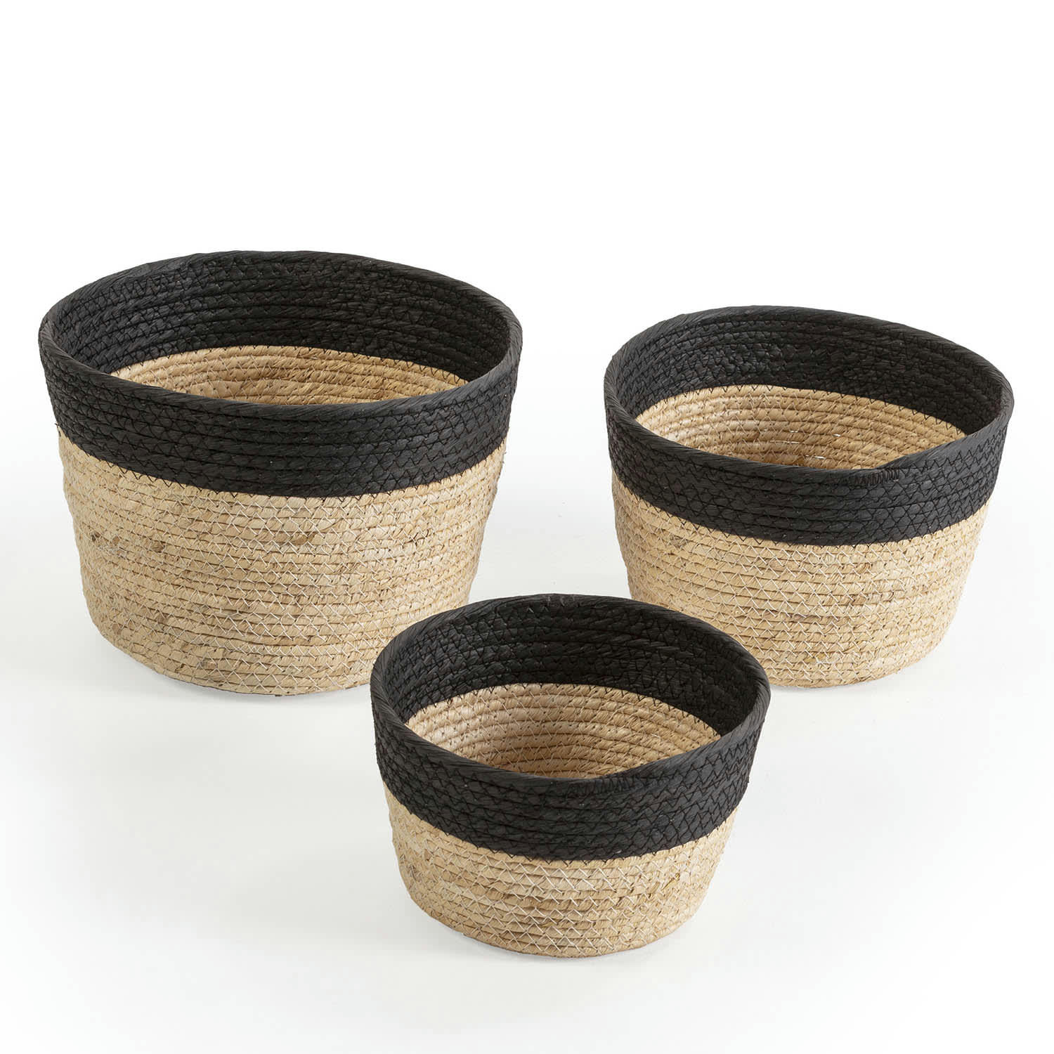 NATI - Set de 3 paniers fibre naturelle et papier, noir/beige
