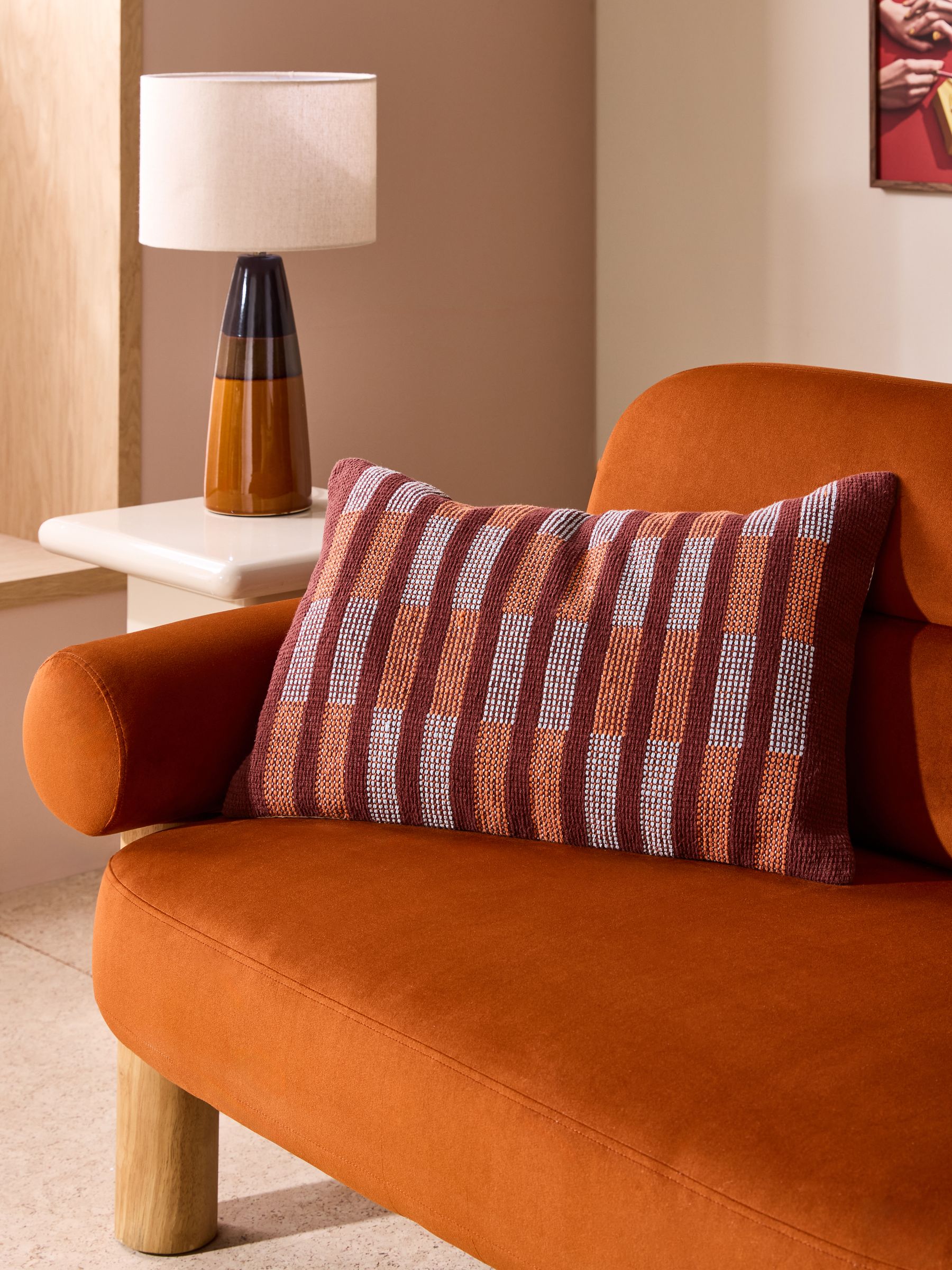 Blake Woven Stripe Cushion in Burgundy