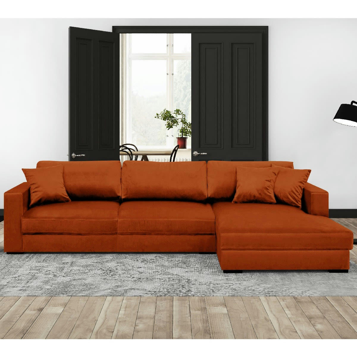 ROBIN - Canapé d'angle droit convertible 5 places velours rouille avec coffre