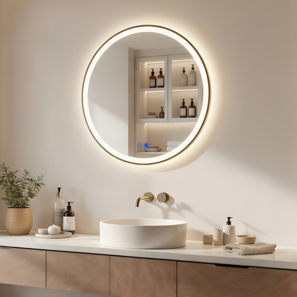 Lustro łazienkowe 60x60 złoto szczotkowane LED dotyk   mata okrągłe