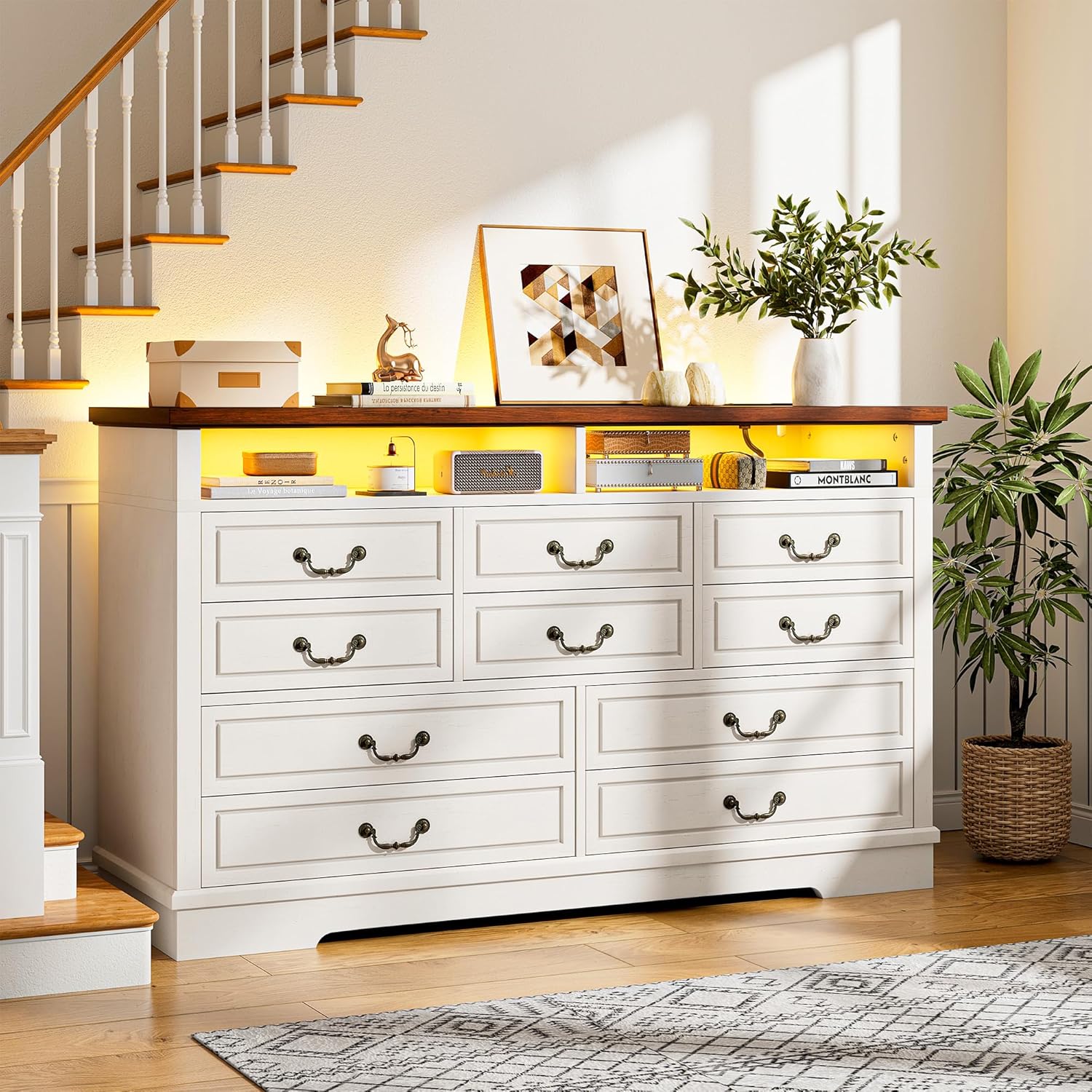 EnHomee 10 Drawers Dresser for Bedroom 55.2''Wide Wood Dresser White with LED & Power Outlet Large Space Saver & Chests of Drawers for Hallway, 55.2 W x 39.4 H x15.8 D