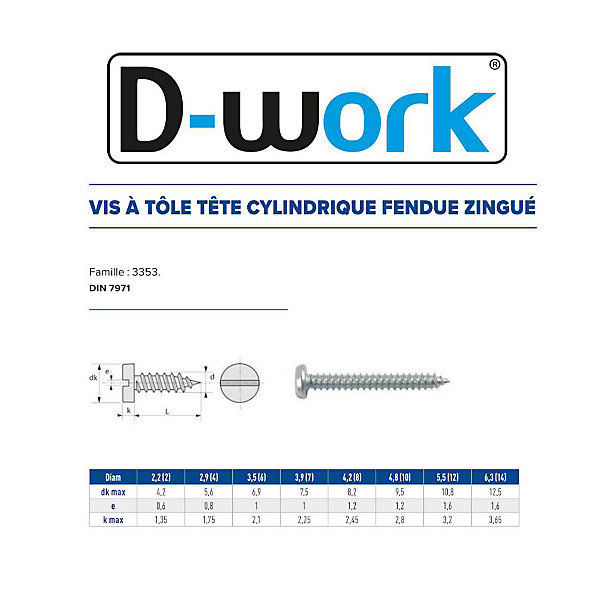 500 Vis à Tôle Tête Cylindrique Fendue 4.2 x 31.7 mm - DIN 7971 - Zingué blanc - D-Work