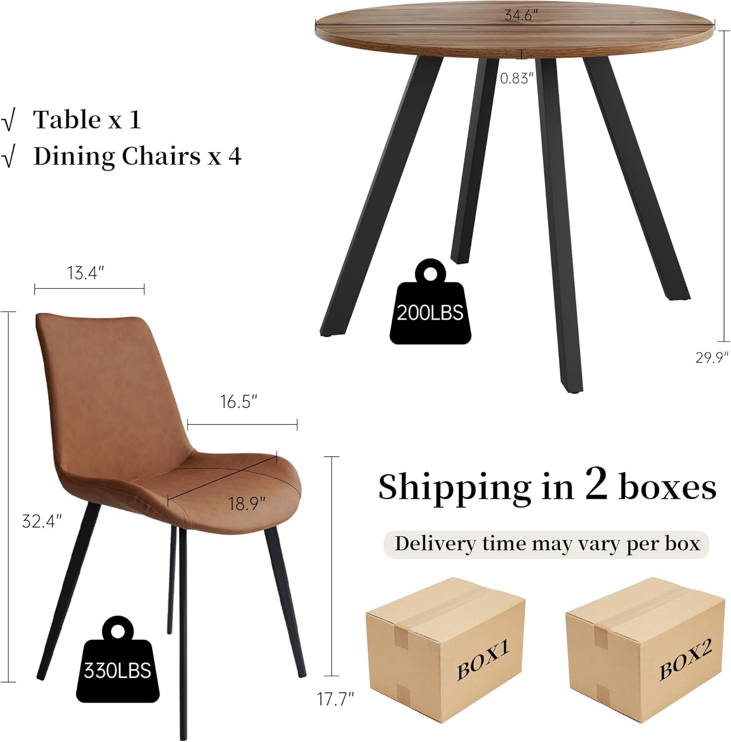 34.6'' Round Dining Table and Chairs for 4 Space Saving for Apartment Kitchen Dining Room (Walnut Table+4 Brown Chairs)