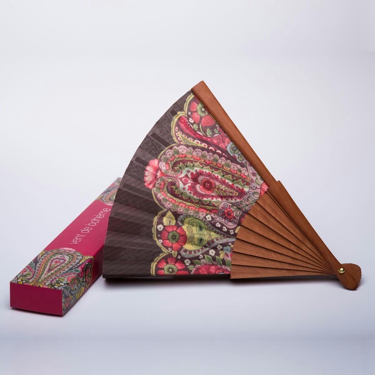 FLOWER - Éventail en bois de merisier et coton imprimé Fleuri ébène