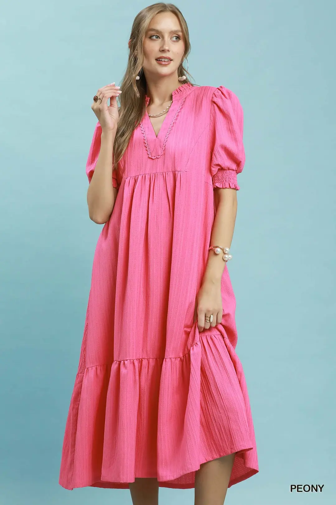 Textured Puff Sleeve Midi Dress