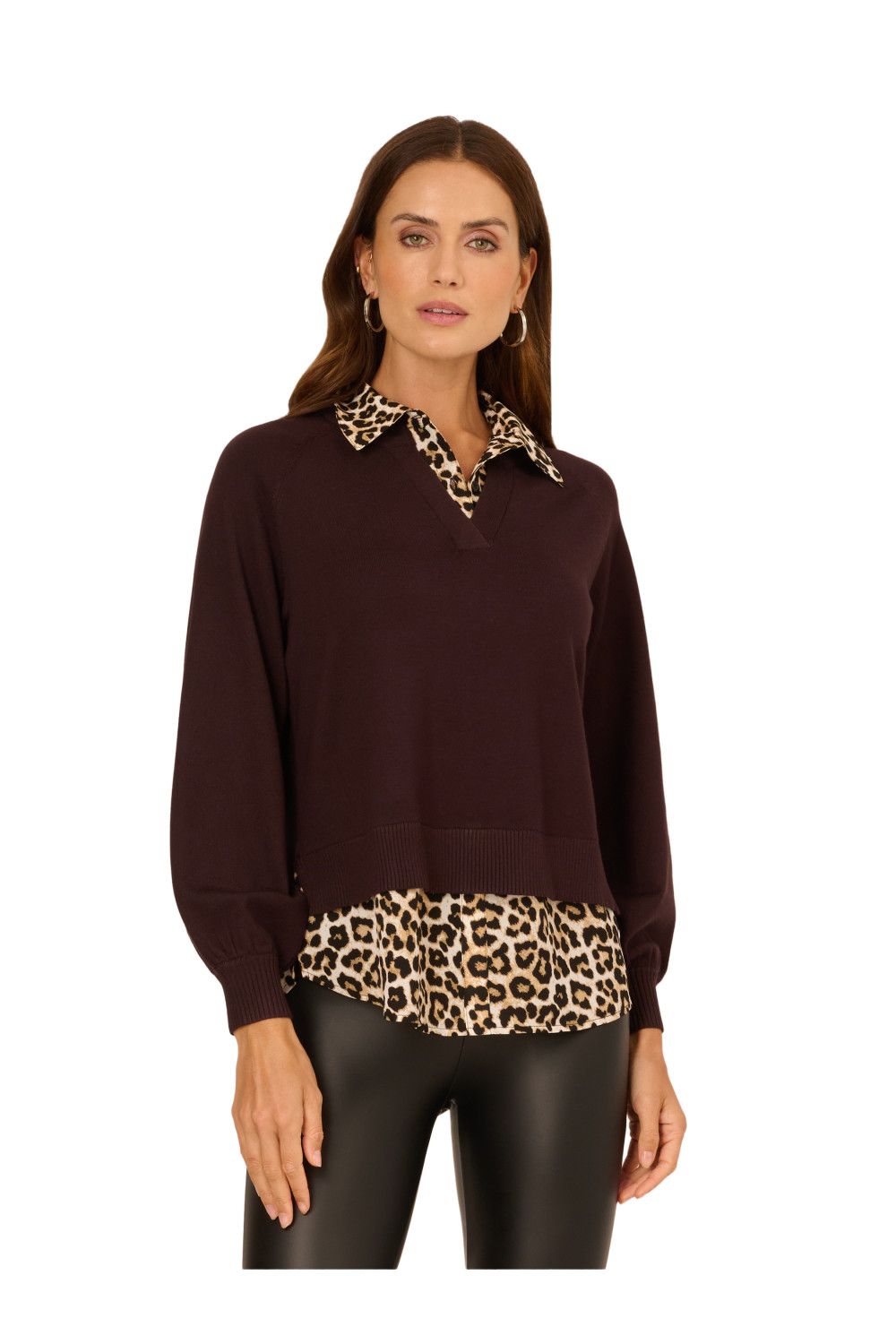 Adrianna Papell Long Raglan Sleeve Twofer Sweater With Printed Woven Combo