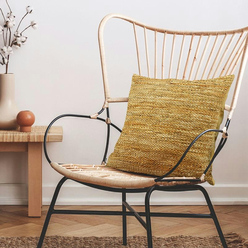 SKIN - Coussin en cuir tressé jaune 45x45