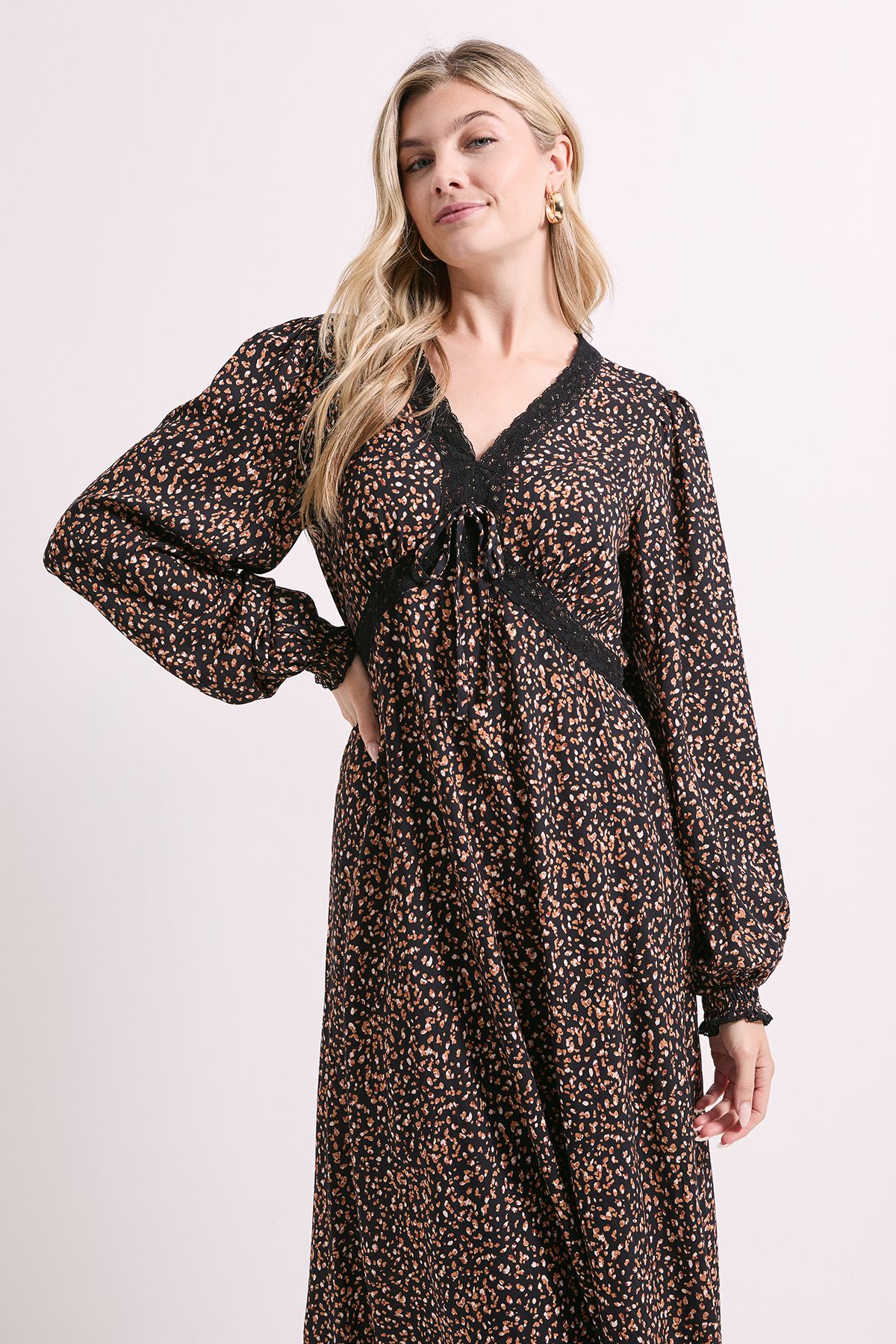 Dorothy Perkins Black Animal Lace Trim Bow Detail Long Sleeve Midi Dress