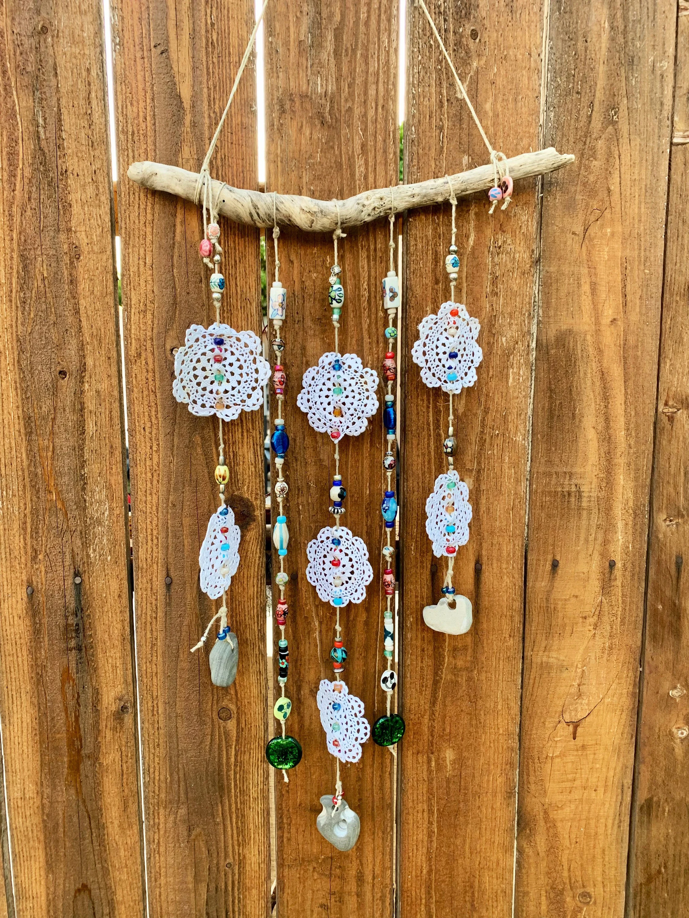 Flowers Of Life Rainbow Glass Beads & Sea Rocks Driftwood Sun Catcher Mobile