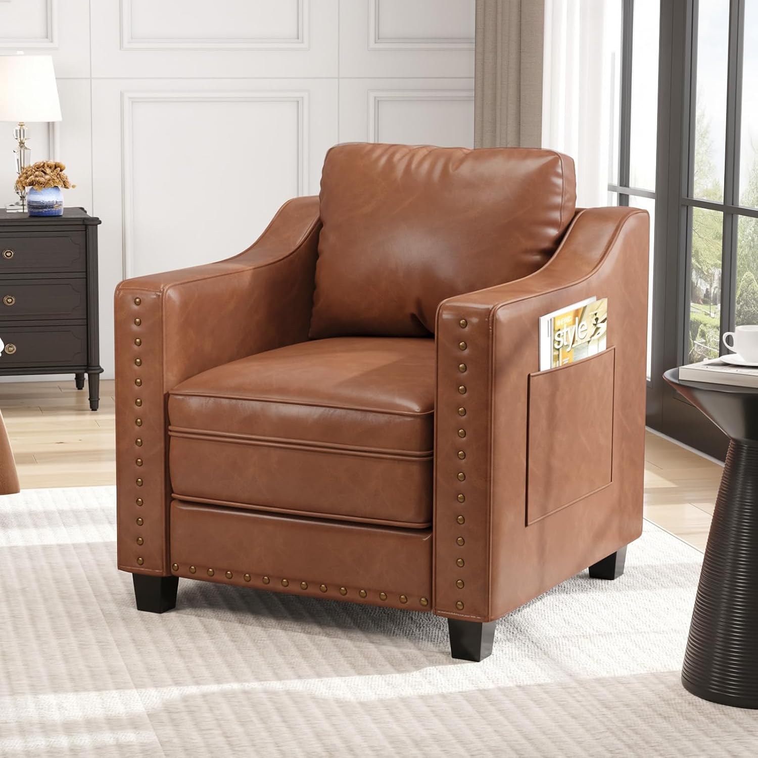 Mid Century Modern Accent Chair, 30 Inches PU Leather Armchairs, Barrel Chair Living Room Chairs Club Chair with Cushion Reading Chair for Bedroom, Apartment, Reading Room, Brown