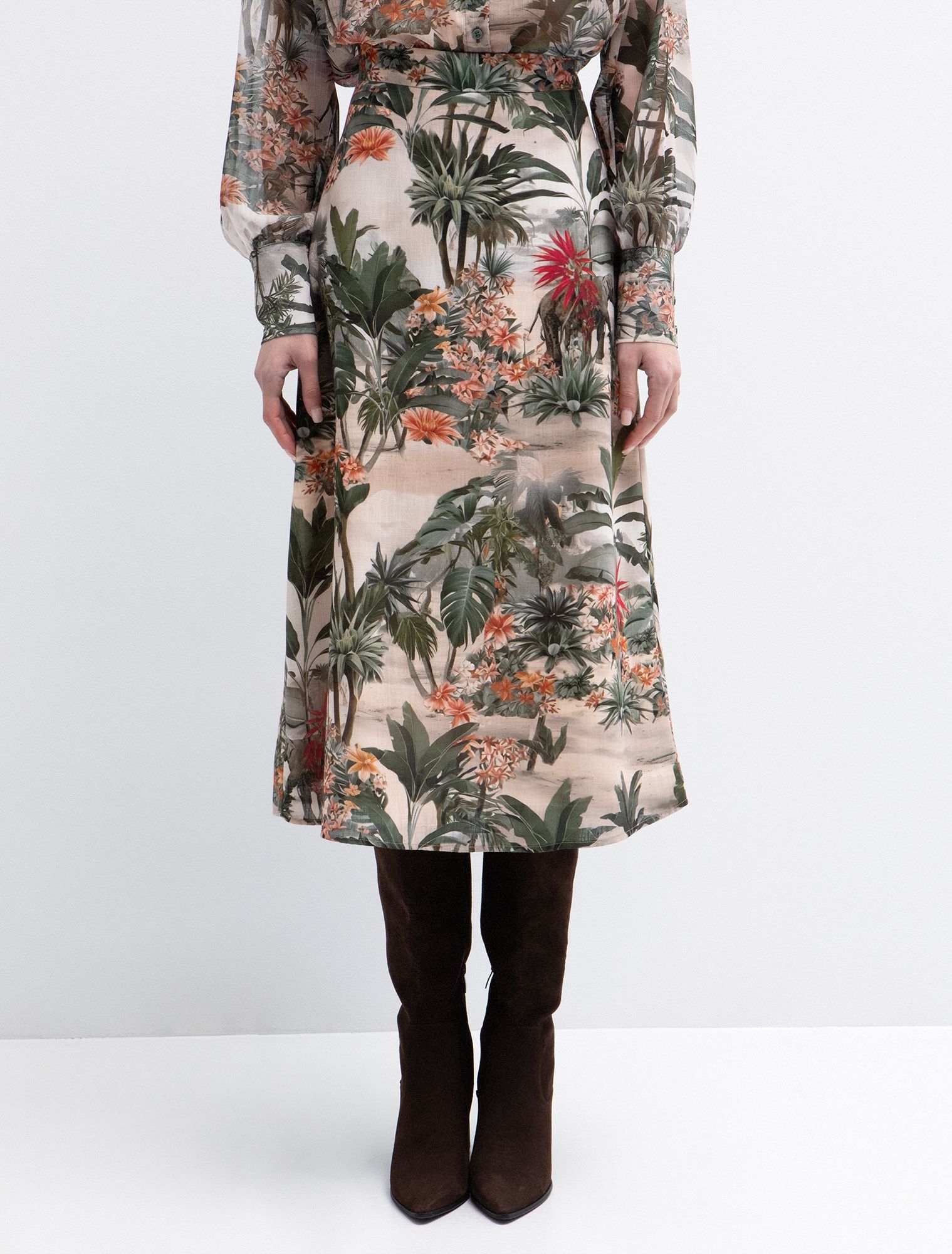 Midi φούστα tropical τύπωμα