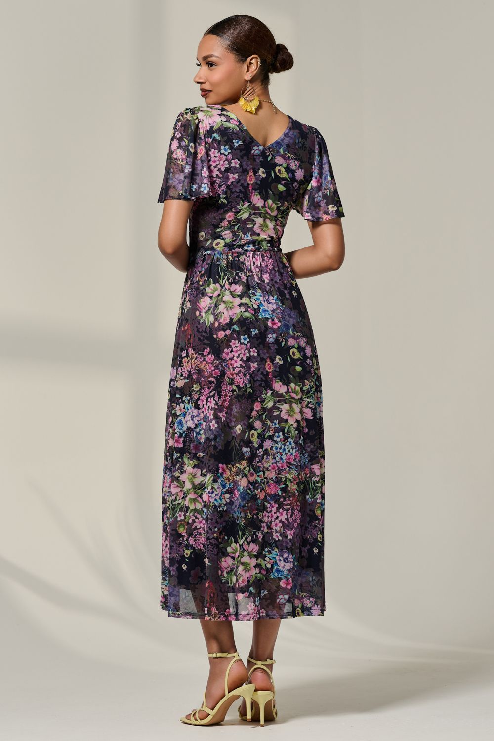 Jolie Moi Floral Mesh Angel Sleeve Midaxi Dress