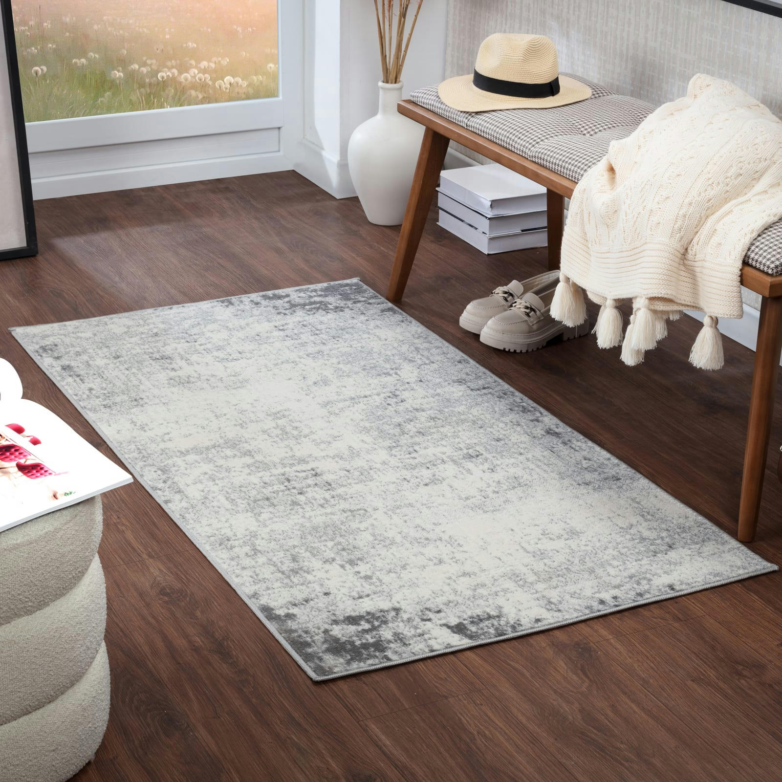 ALIX - Tapis Couloir Abstrait Moderne Blanc/Anthracite 80x150