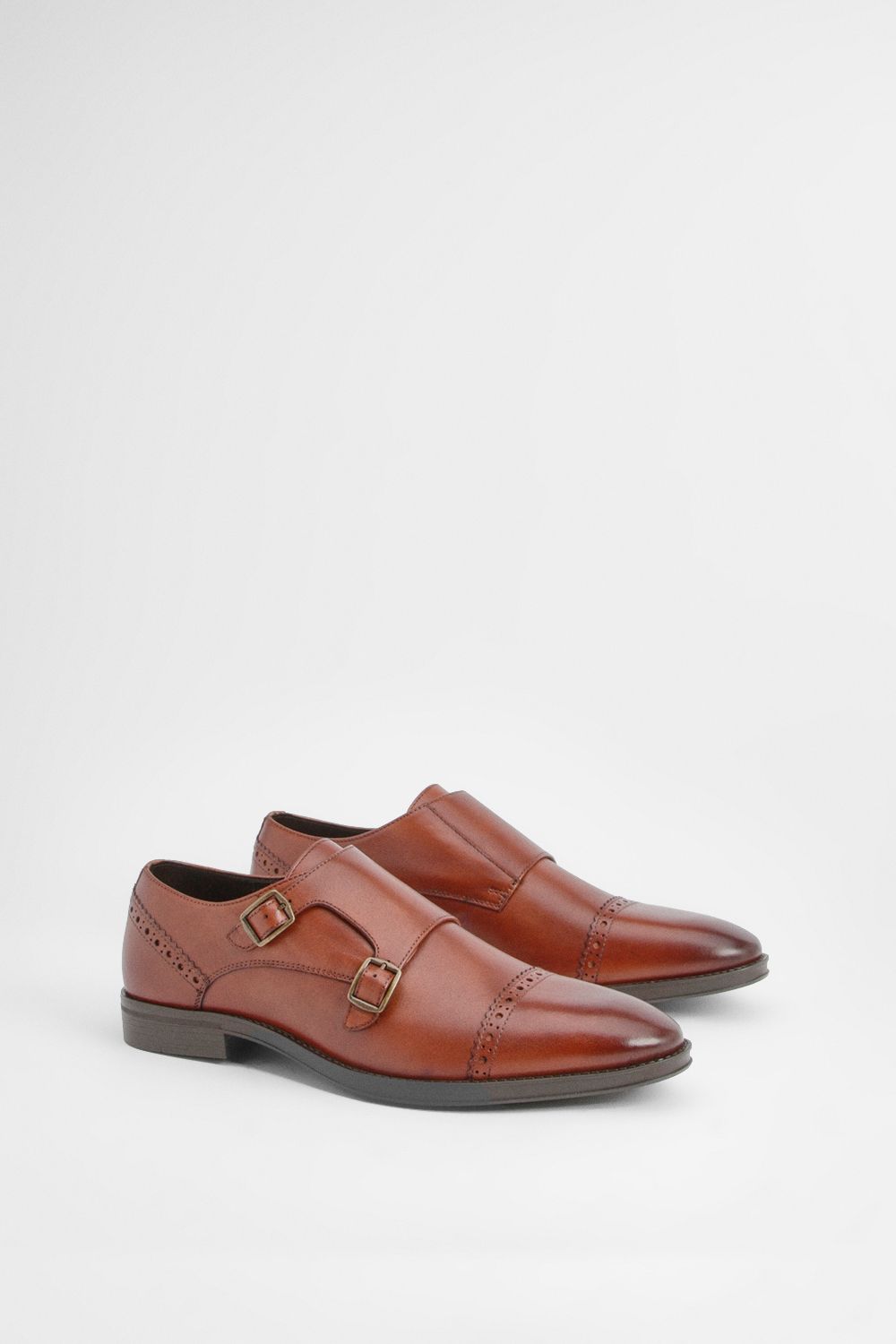 Burton Tan Leather Smart Monk Strap Brogue Shoes