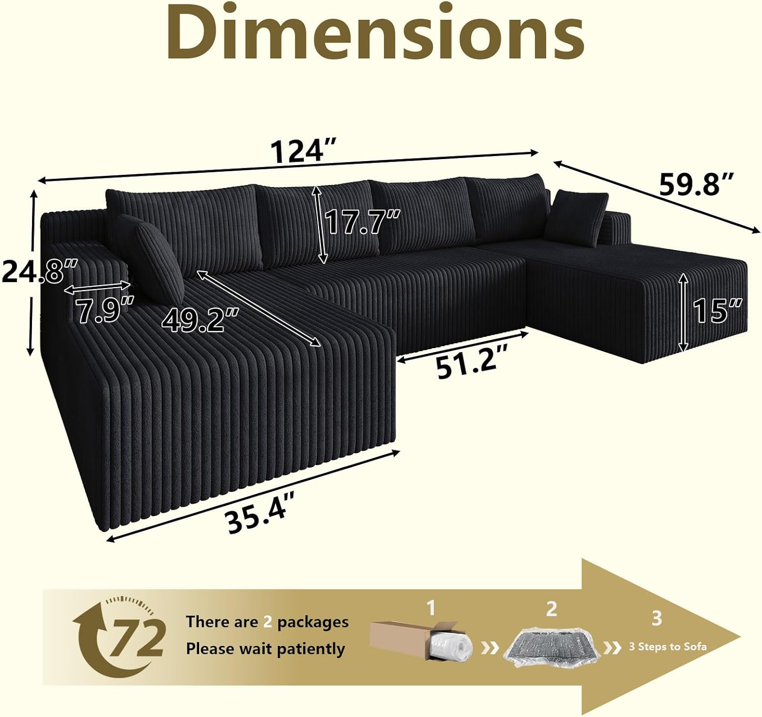 124 Modular Sectional Sofa, Modern Corduroy Cloud Couch with Deep Seat, Boneless Couch Upholstered 4-Seater U-Shaped Sofa for Living Room, No Assembly Required (Black)