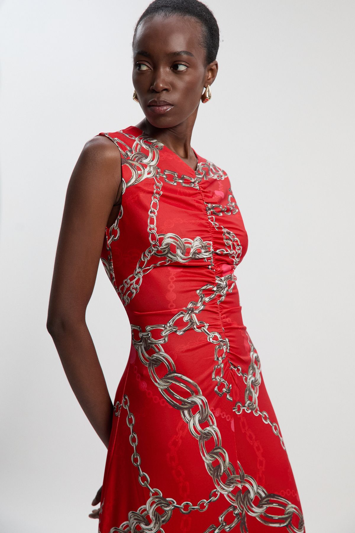 KarenMillen Chain Print Crepe Hanky Hem Midi Dress