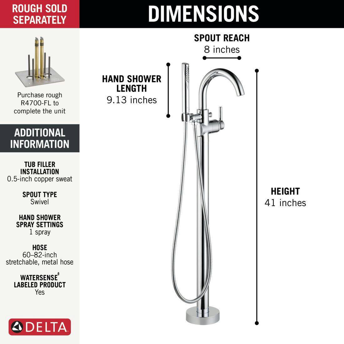 Delta Trinsic 1H Floor Tub Filler Trim with Hand Shower, Chrome