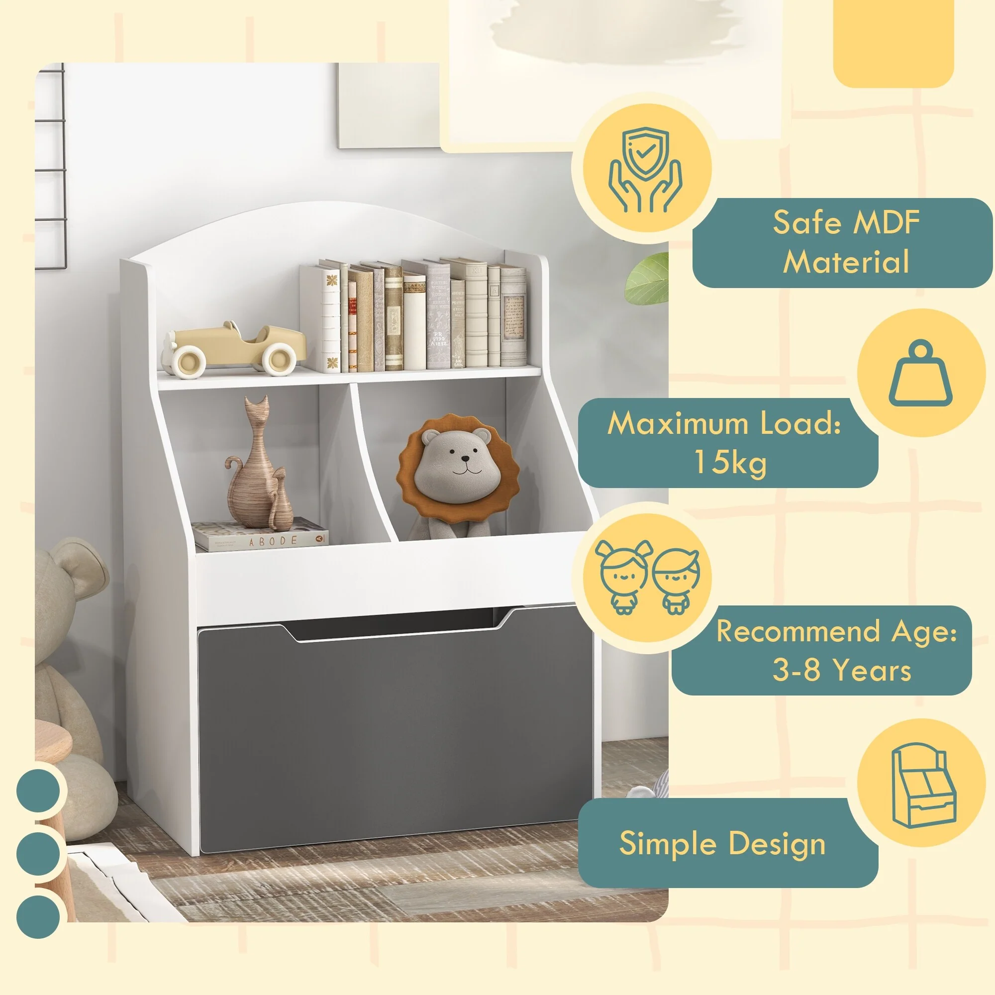 Qaba Kids Bookshelf, 3 Tier Bookcase, Toy Storage Organizer for Toddlers with Drawer for Playroom, Nursery, Bedroom, Classroom