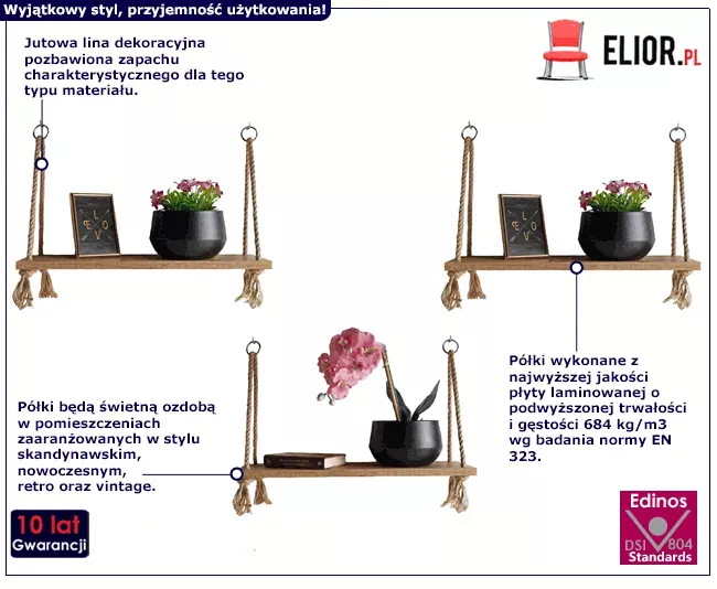 Komplet trzech półek wiszących dąb craft złoty - Avlo