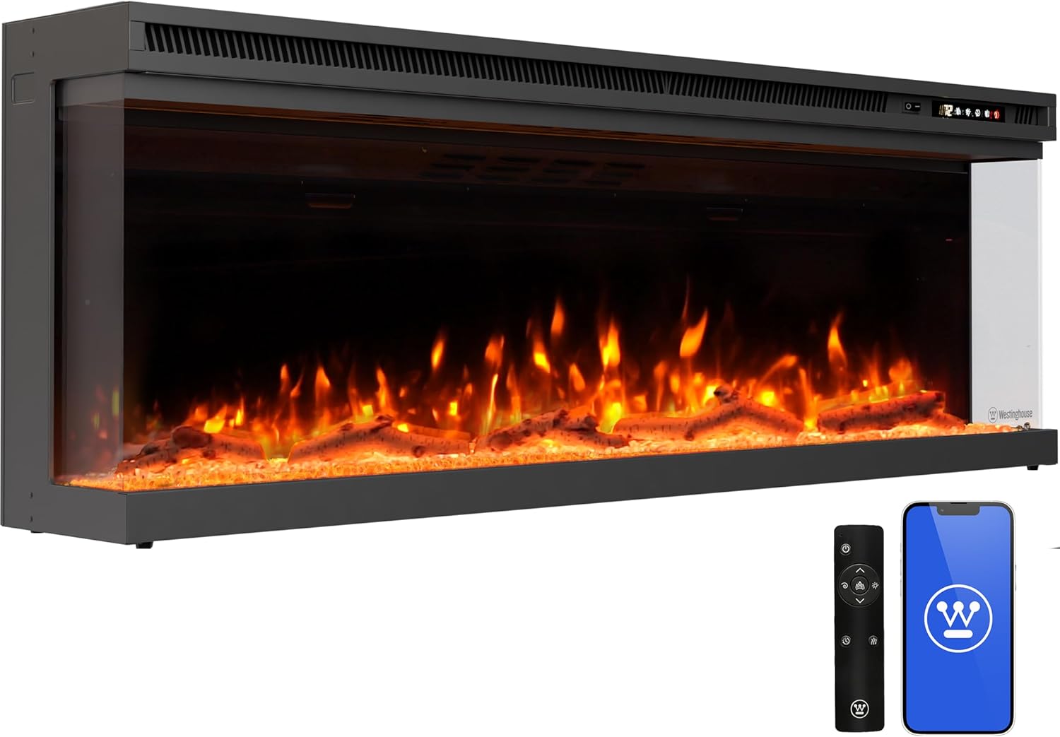 Westinghouse 50inch Electric Fireplace, Realistic Flame&Log Set, Compatible with Alexa & Google Home, Wall Mount or Recessed, 24 Hour Timer, Color Changing Flames, 750W/1500W Indoor Heater (50inch)