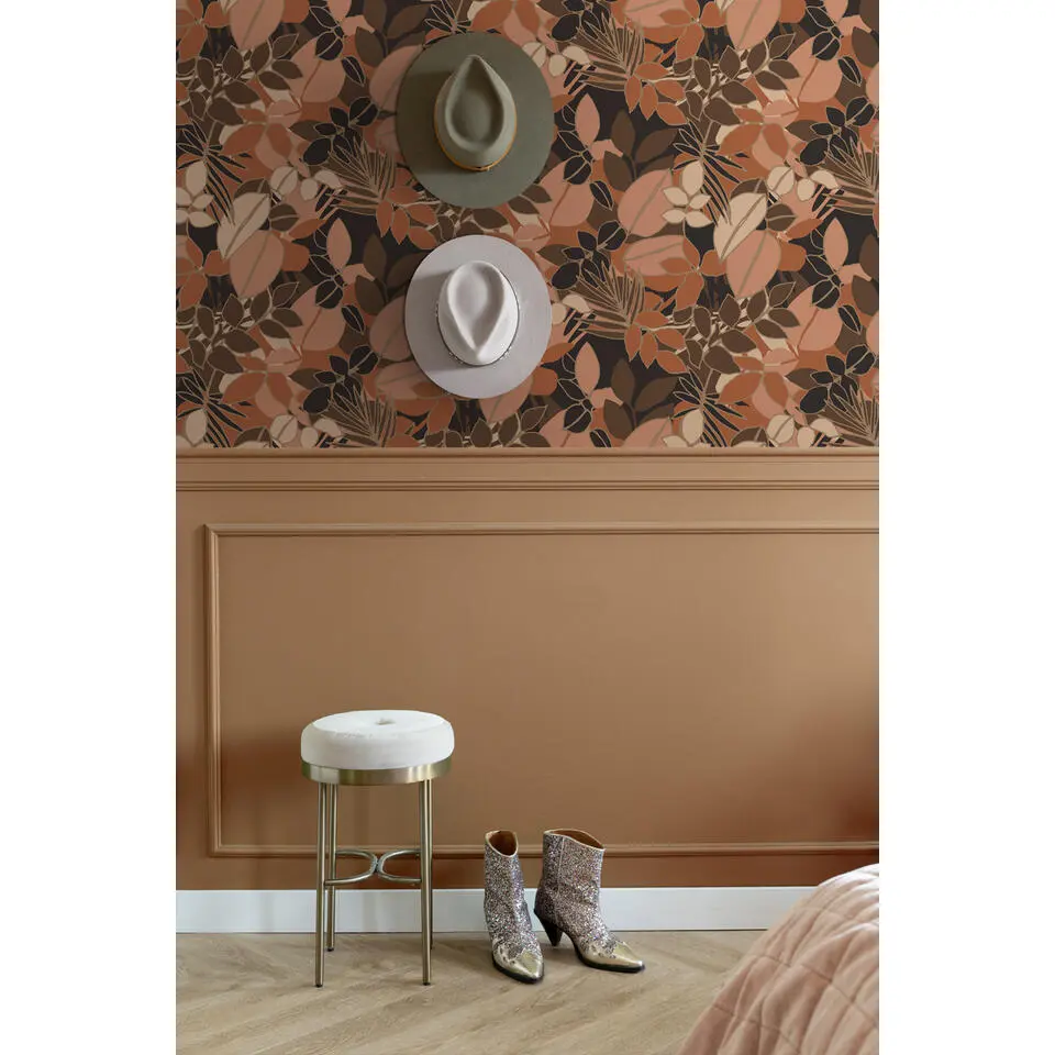 ESTAhome behang bladeren terracotta roze, bruin en zwart - 50 x 900 cm