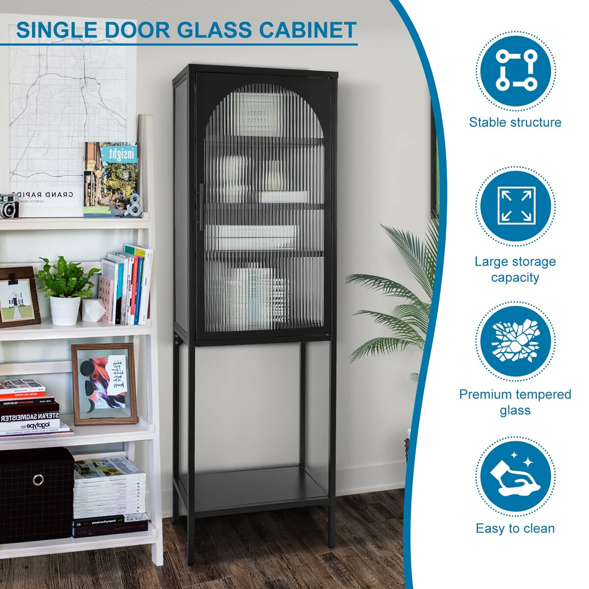 Tempered Glass High Cabinet with Arched Door Adjustable Shelves and Feet Anti-Tip Dust-free Fluted Glass