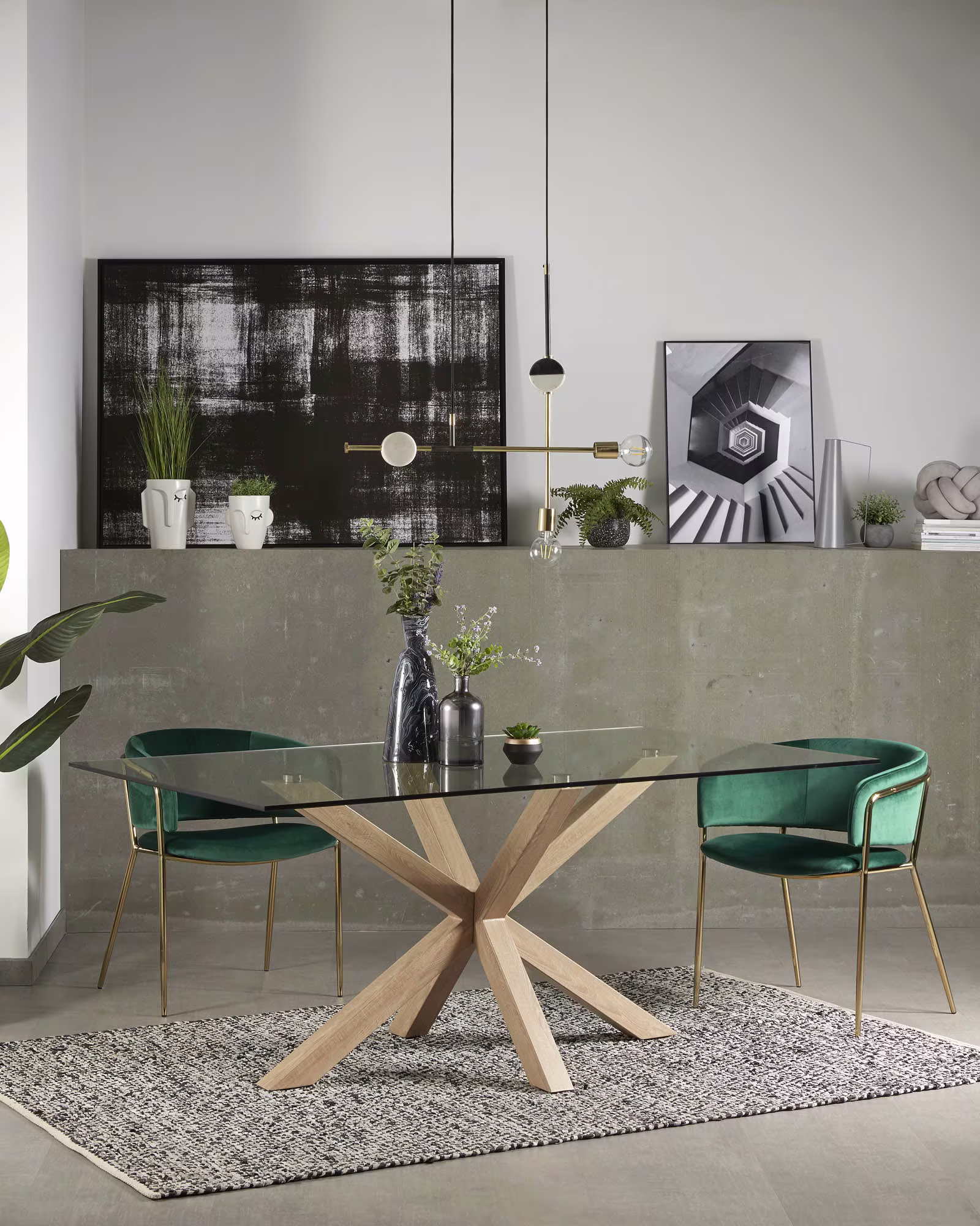 Mesa Argo de cristal y patas de acero efecto madera 160 x 90 cm