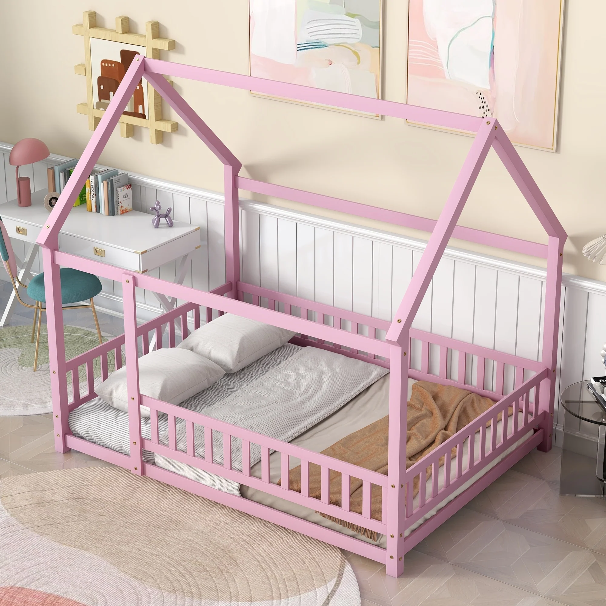 Pink Full Pine Floor Bed with Roof Frame and Fence Guardrails