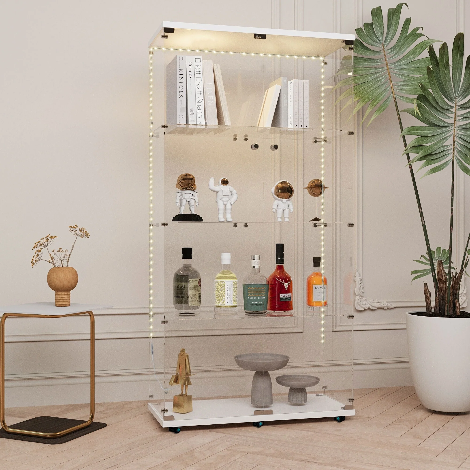 Tempered glass display cabinet, storage cabinet,file cabinet,with Bluetooth LED light strip,lock on the door,equipped with cast