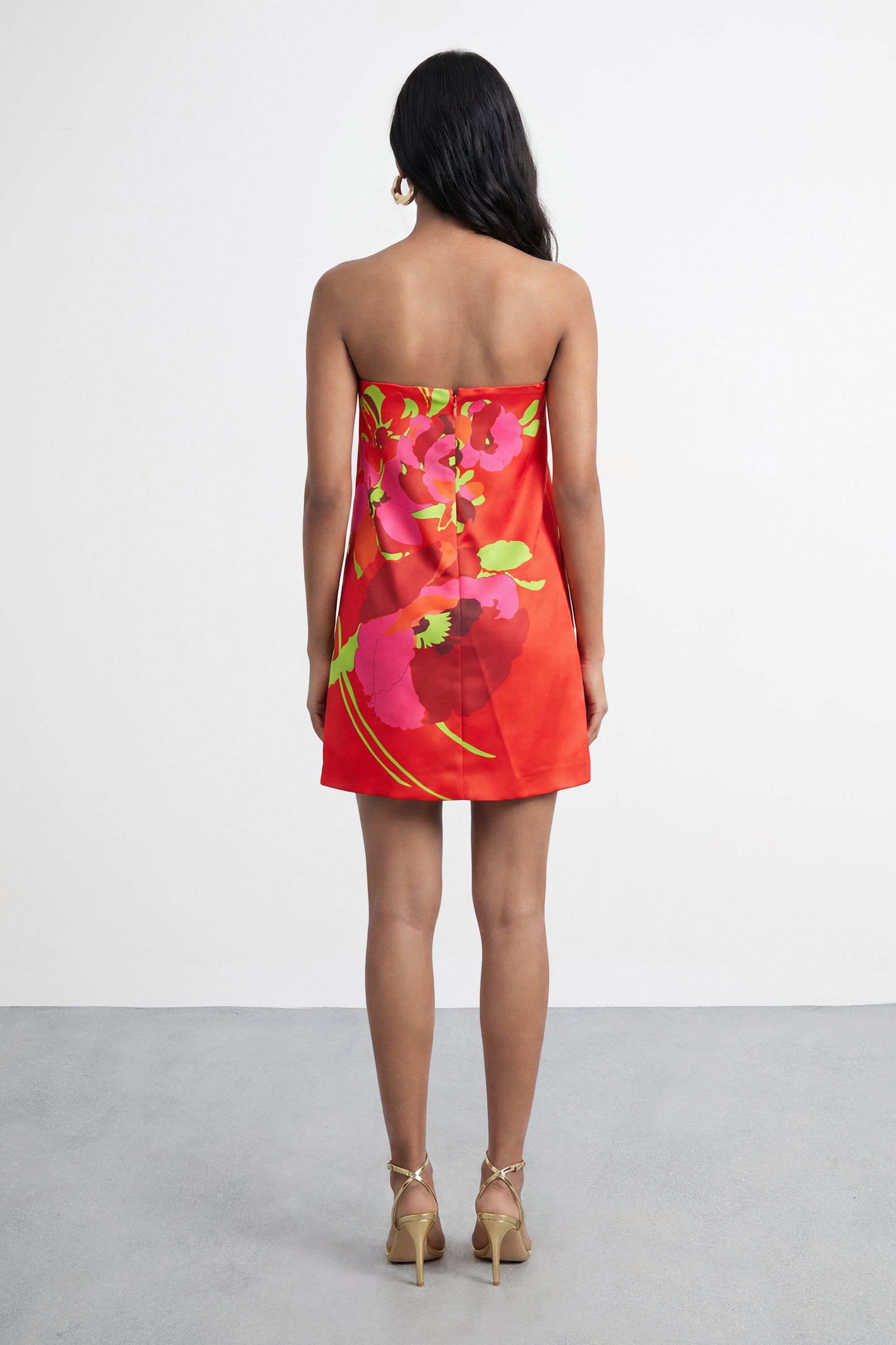 Warehouse Satin Strapless Placement Floral Print Mini Dress