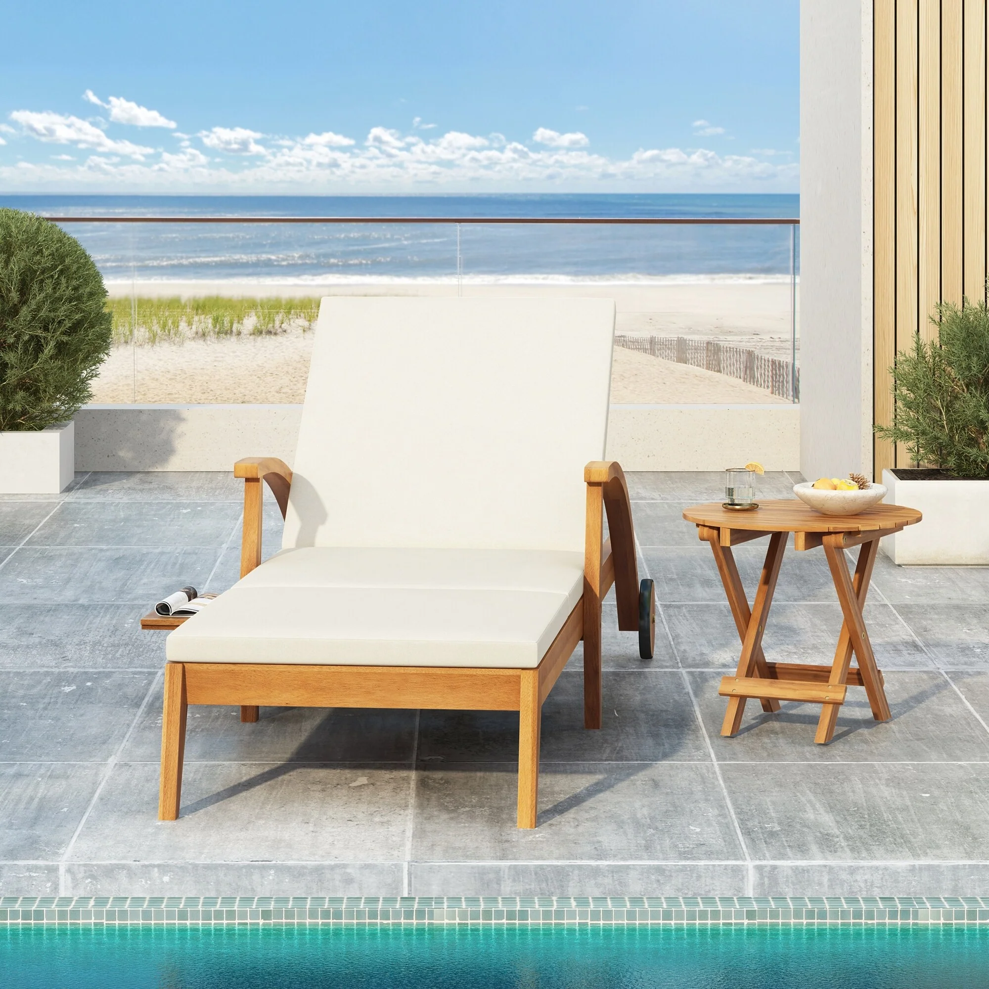 Acacia Wood Wheeled Chaise Lounge Adjustable Backrest Cushion