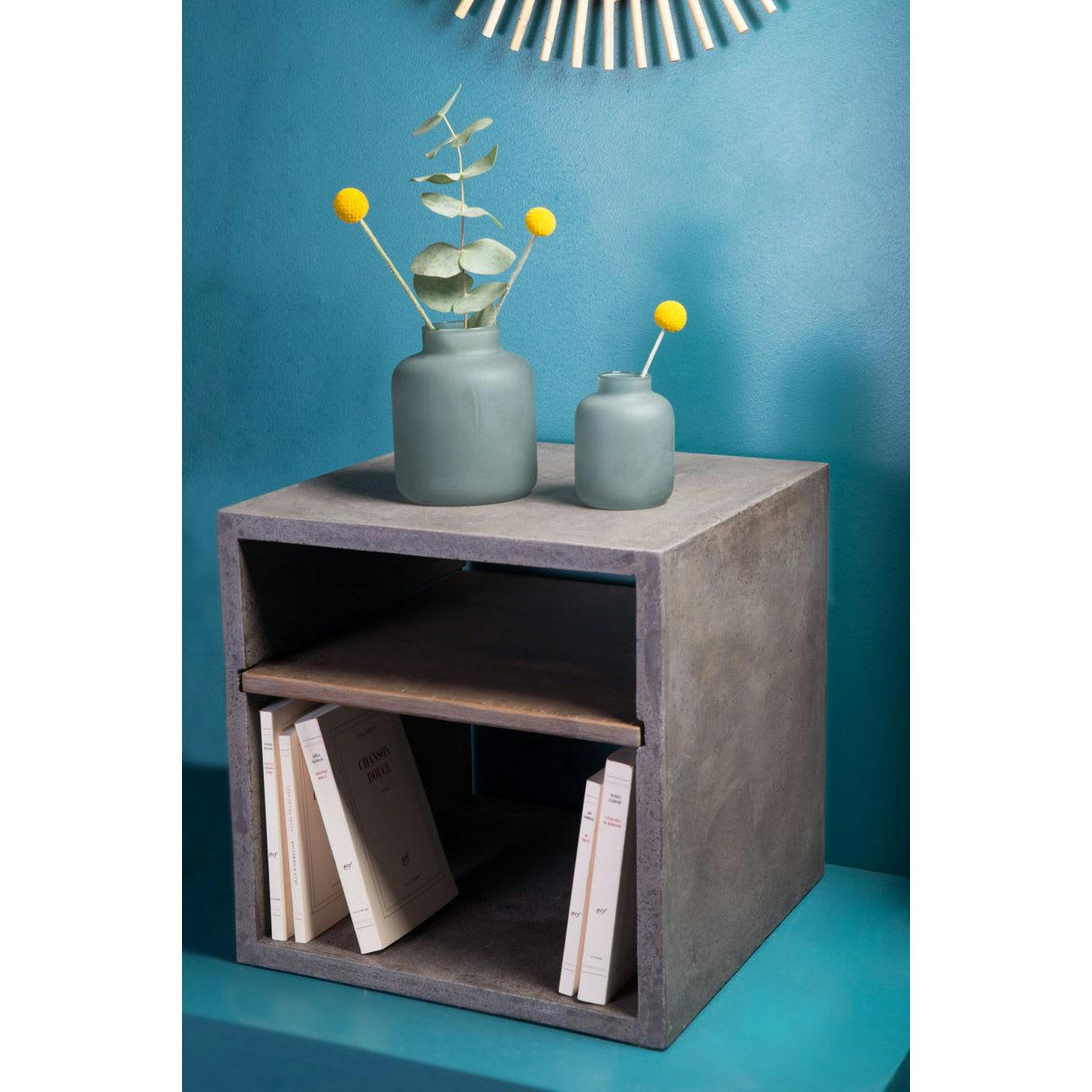 HERMITAGE - Cube béton et acacia de 40 cm gris clair 2 niches